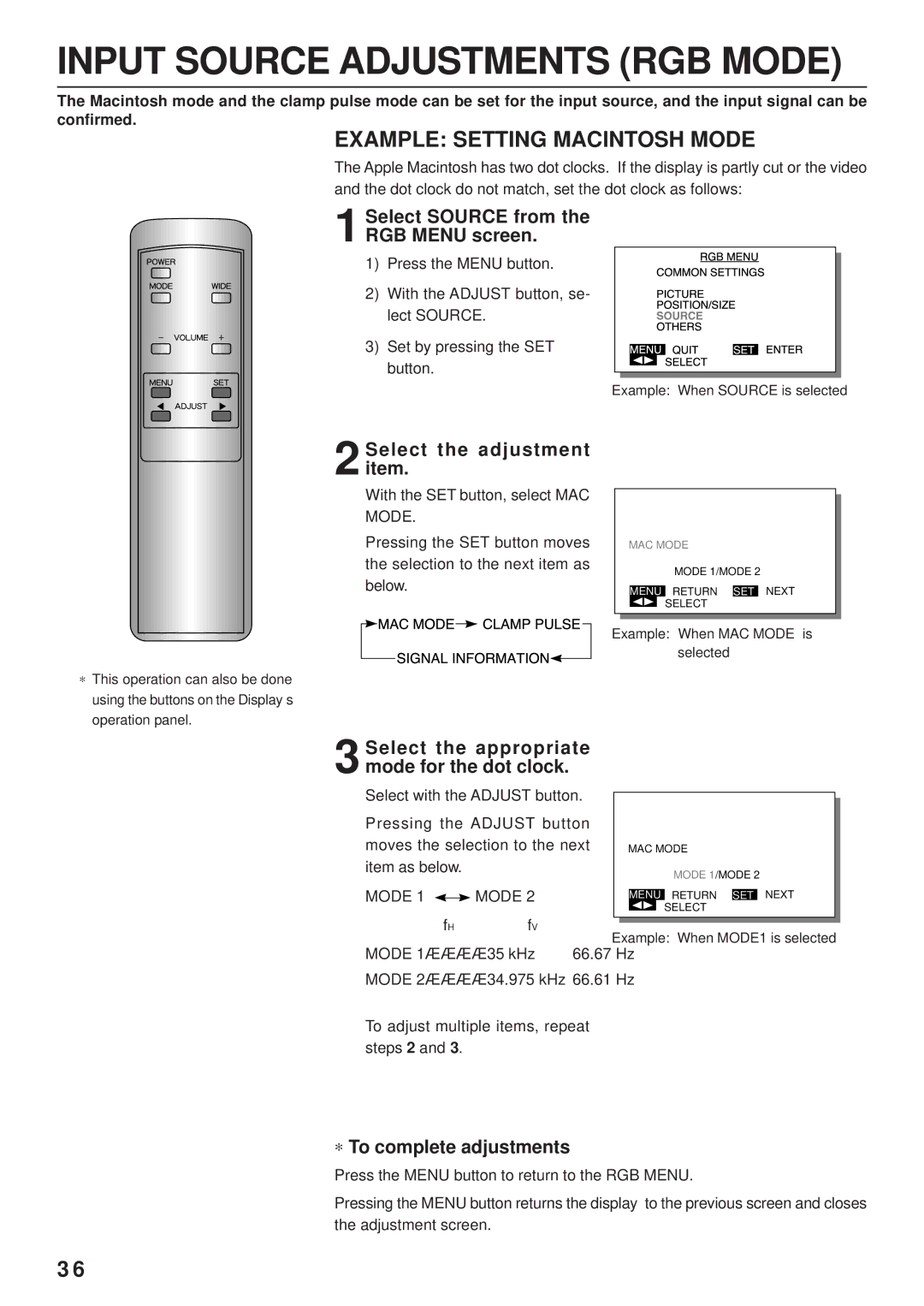 Fujitsu PDS4203W-H / PDS4203E-H user manual Input Source Adjustments RGB Mode, Example Setting Macintosh Mode 