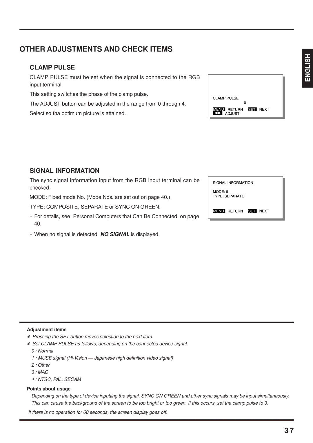 Fujitsu PDS4203W-H / PDS4203E-H user manual Other Adjustments and Check Items, Signal Information 