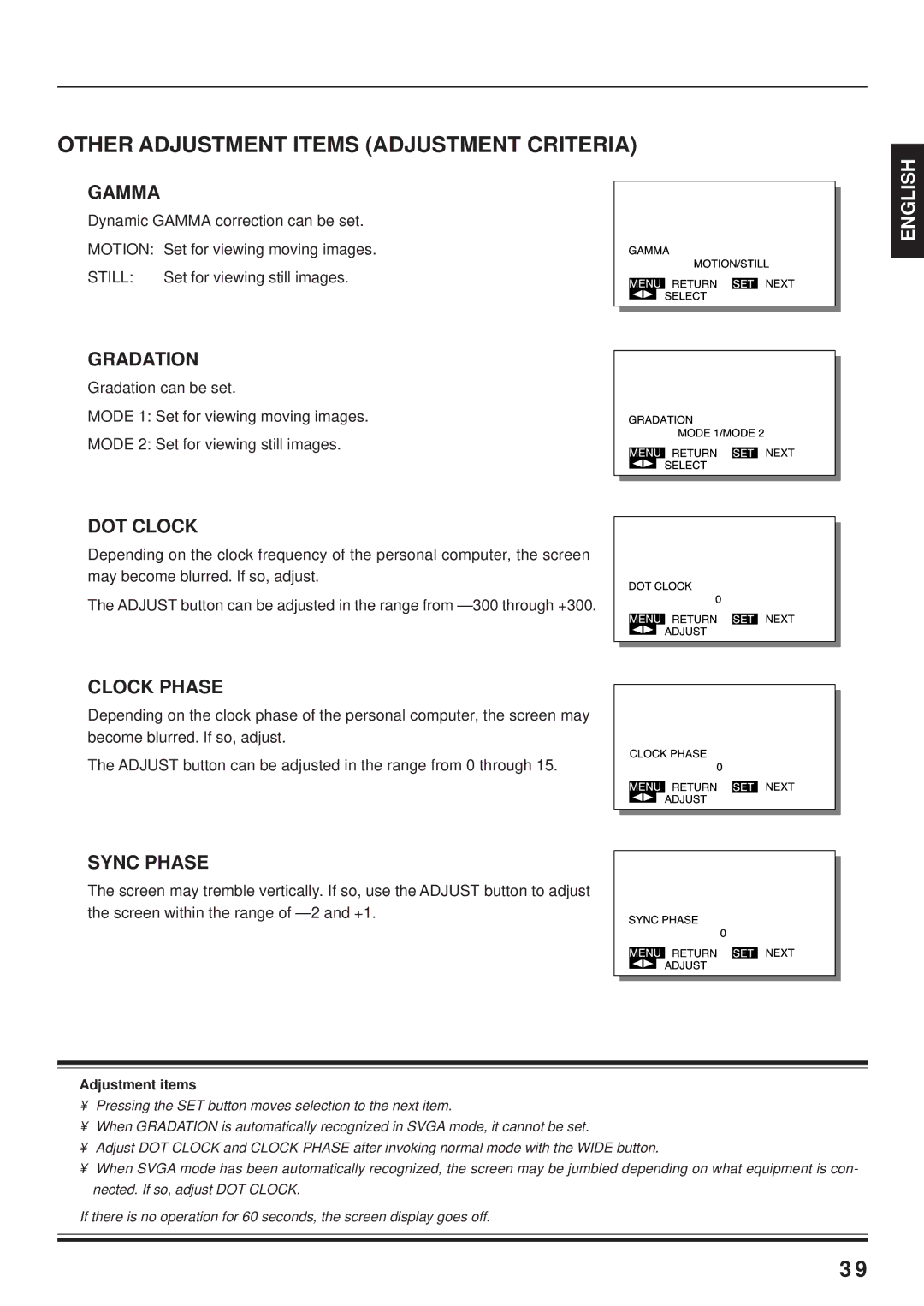 Fujitsu PDS4203W-H / PDS4203E-H Other Adjustment Items Adjustment Criteria, Gamma, DOT Clock, Clock Phase, Sync Phase 