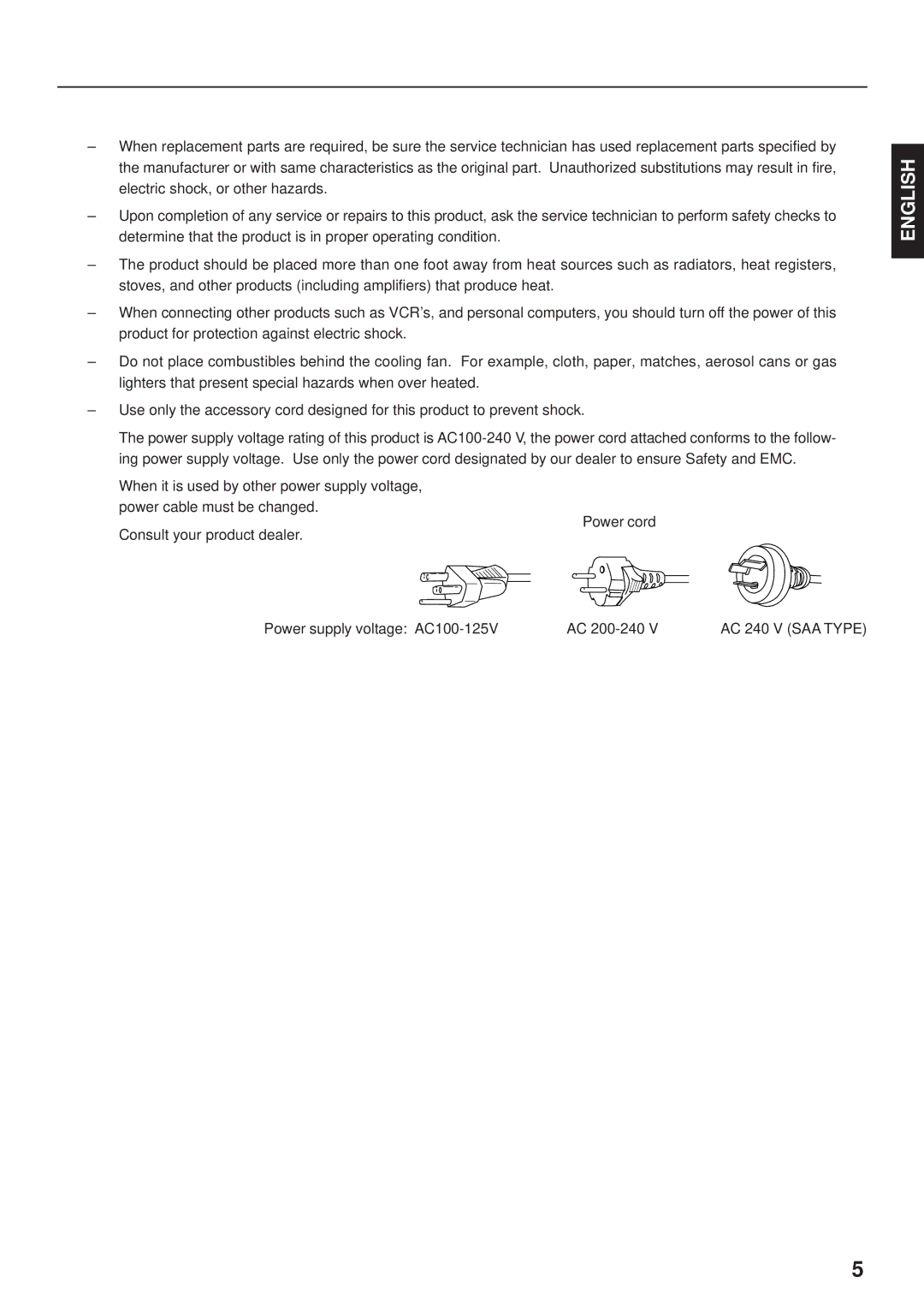 Fujitsu PDS4203W-H / PDS4203E-H user manual Power supply voltage AC100-125V AC 200-240 