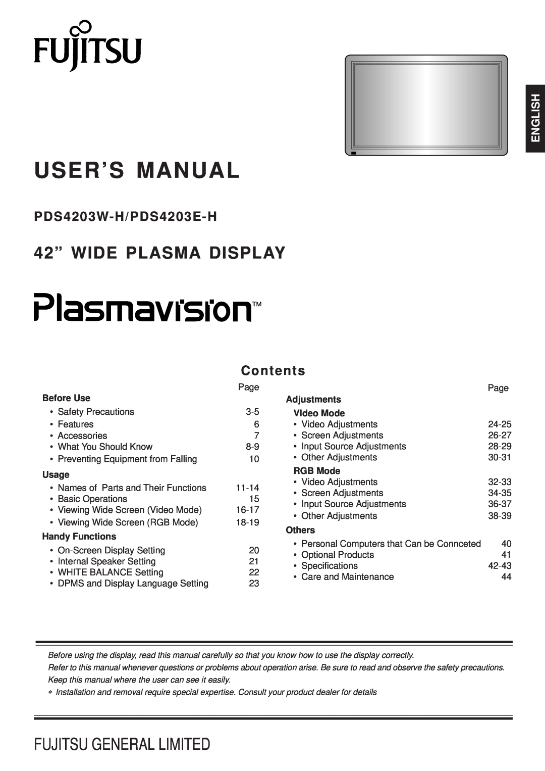 Fujitsu PDS4203W-H / PDS4203E-H user manual User’S Manual, 42” WIDE PLASMA DISPLAY, PD S4 2 0 3 W- H/P DS 4 2 0 3 E -H 