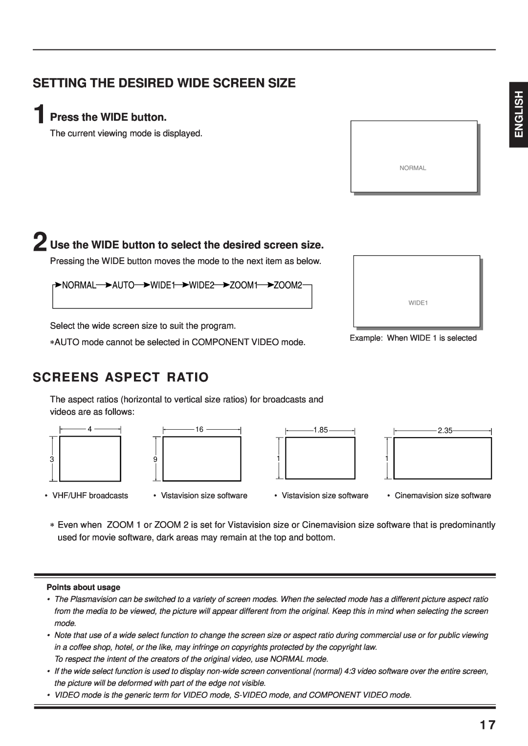 Fujitsu PDS4203W-H / PDS4203E-H Setting The Desired Wide Screen Size, Screens Aspect Ratio, Press the WIDE button, English 