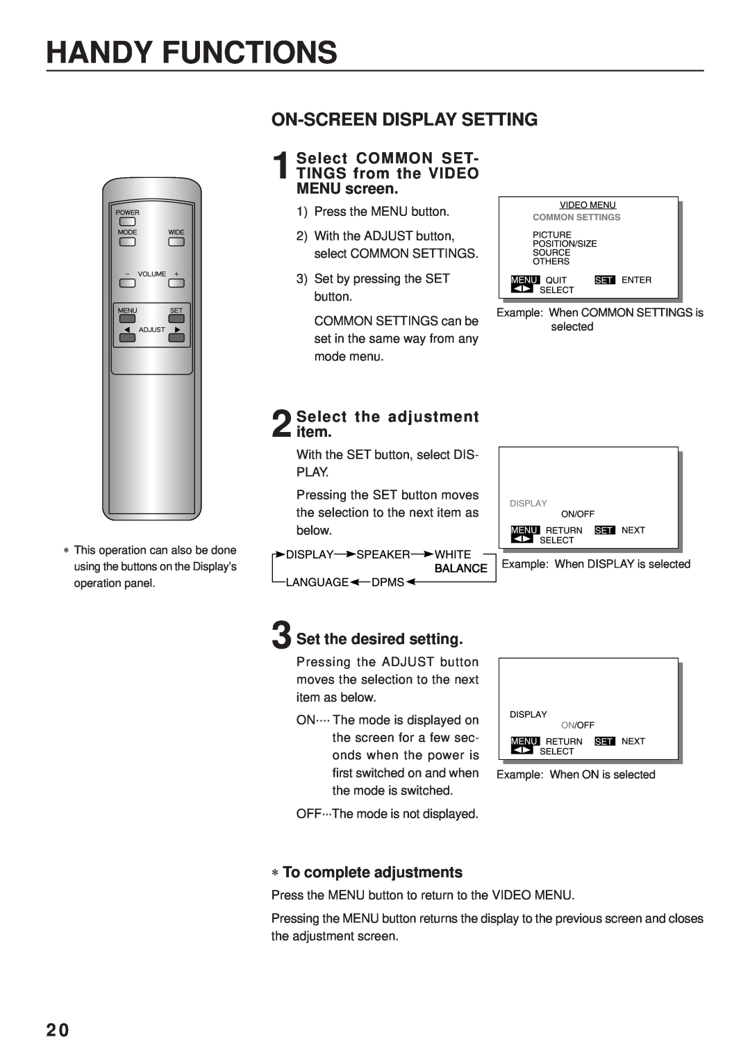Fujitsu PDS4203W-H / PDS4203E-H user manual Handy Functions, On-Screen Display Setting, Select the adjustment item 