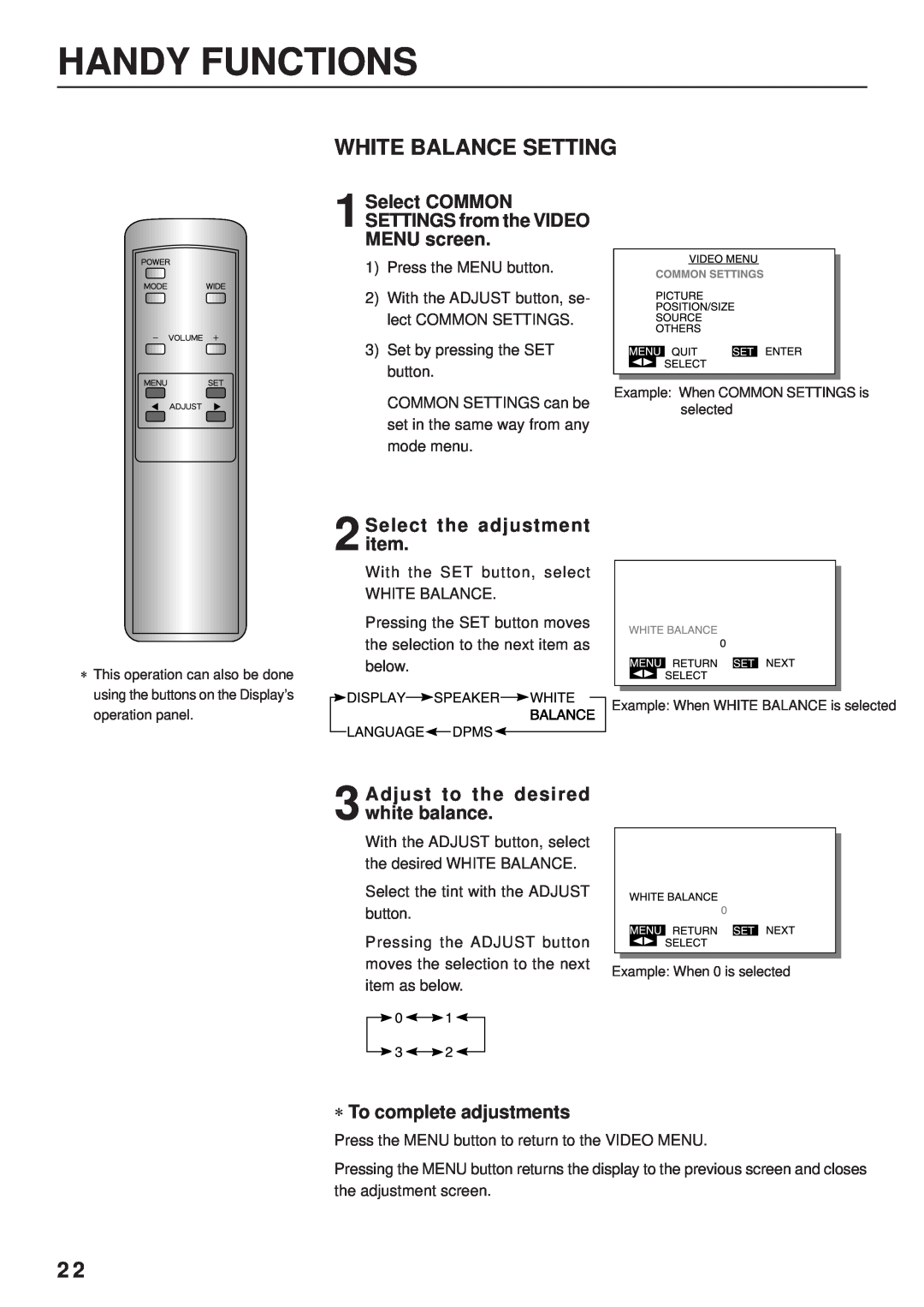 Fujitsu PDS4203W-H / PDS4203E-H user manual White Balance Setting, Adjust to the desired white balance, Handy Functions 