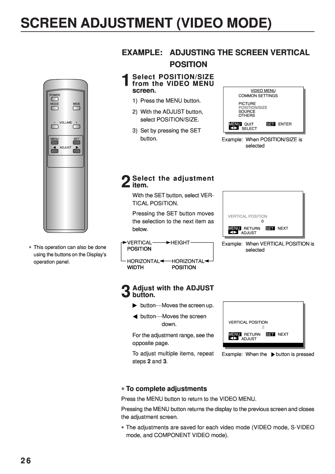 Fujitsu PDS4203W-H / PDS4203E-H user manual Screen Adjustment Video Mode, Example Adjusting The Screen Vertical Position 