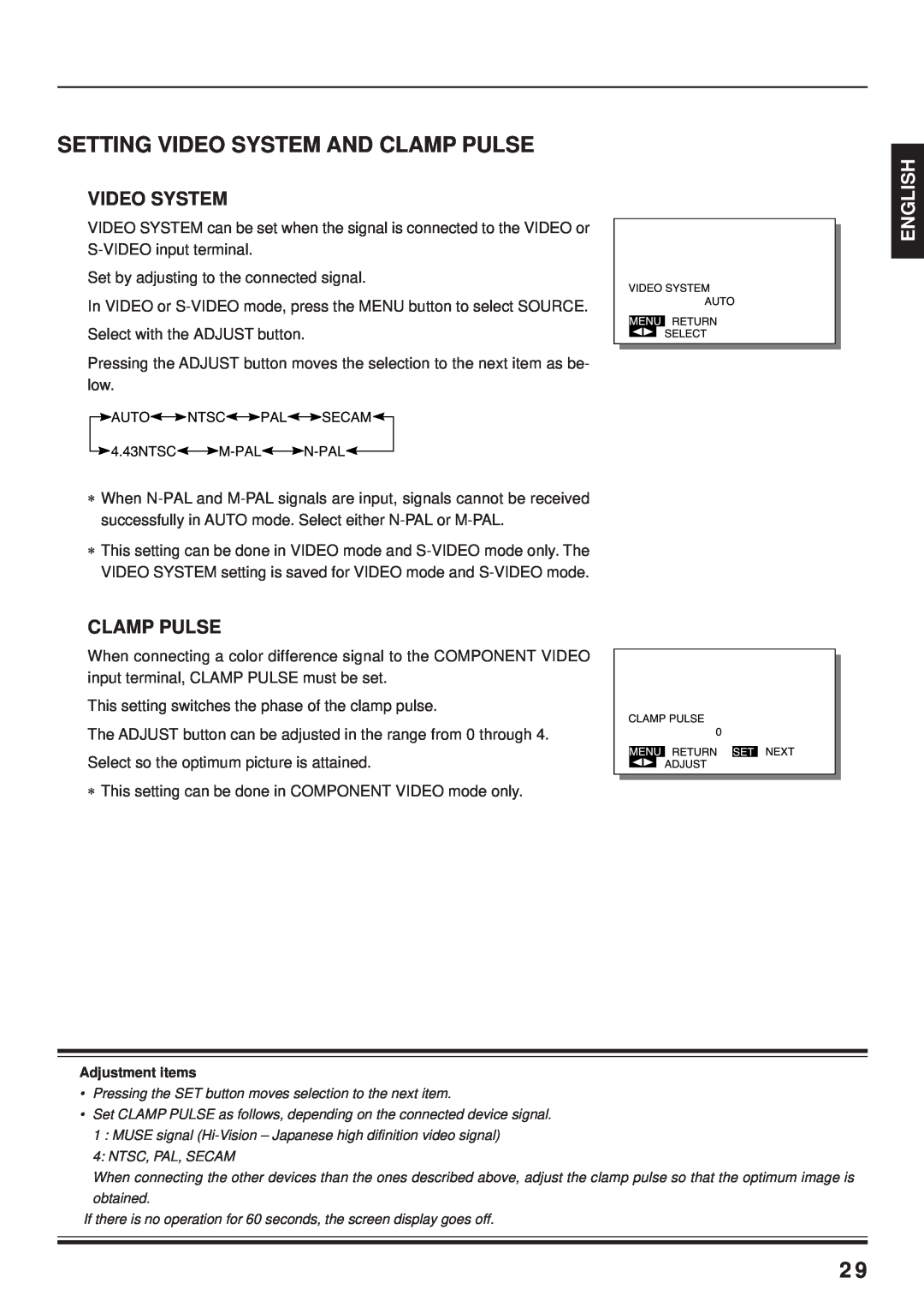 Fujitsu PDS4203W-H / PDS4203E-H user manual Setting Video System And Clamp Pulse, English 