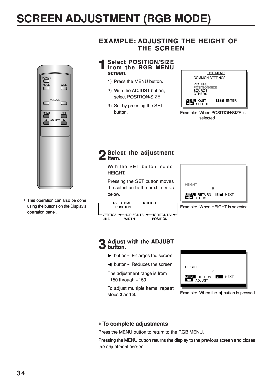 Fujitsu PDS4203W-H / PDS4203E-H user manual Screen Adjustment Rgb Mode, E X A M P L E Adjusting The Height Of The Screen 