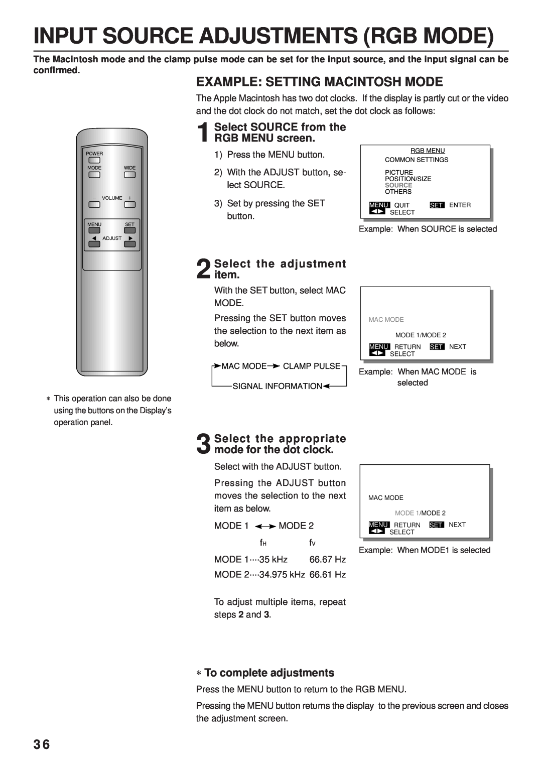 Fujitsu PDS4203W-H / PDS4203E-H user manual Input Source Adjustments Rgb Mode, Example Setting Macintosh Mode 