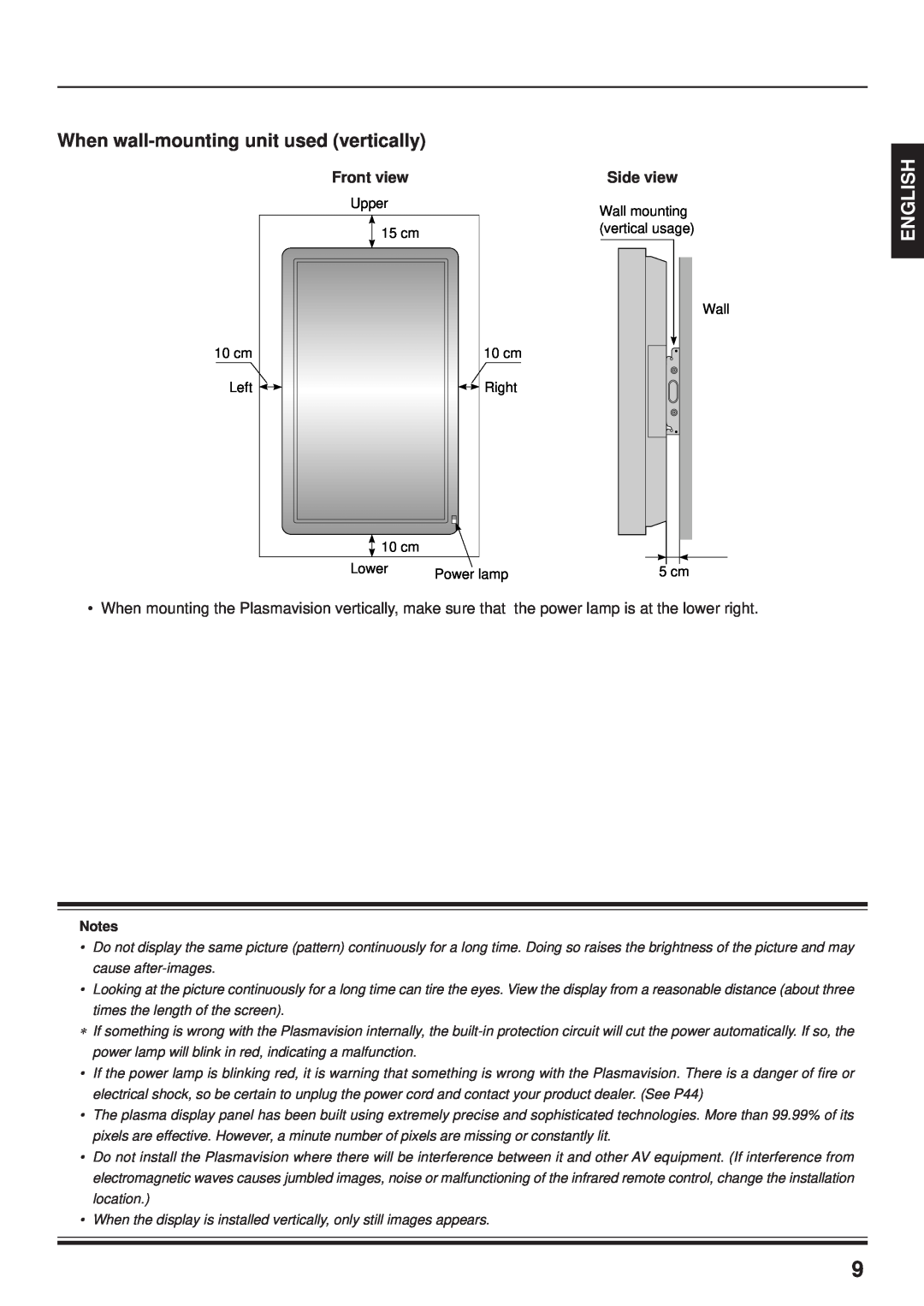 Fujitsu PDS4203W-H / PDS4203E-H user manual When wall-mounting unit used vertically, English, Front view, Side view 