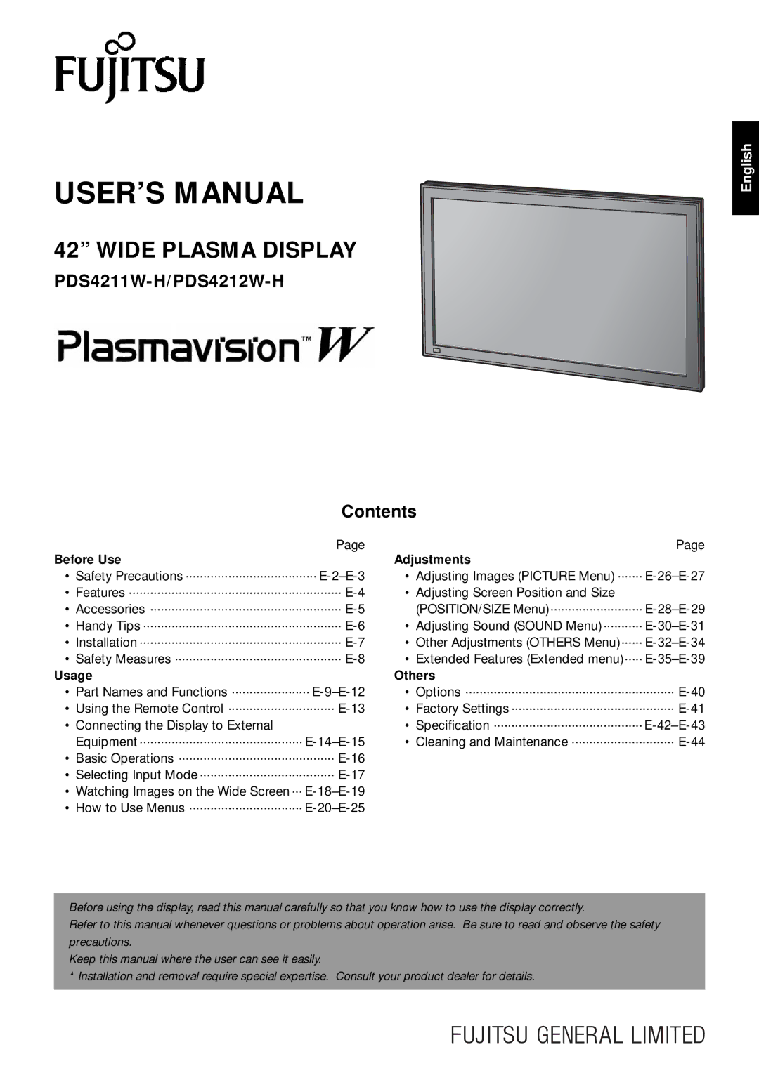 Fujitsu PDS4211W-H, PDS4212W-H user manual USER’S Manual 