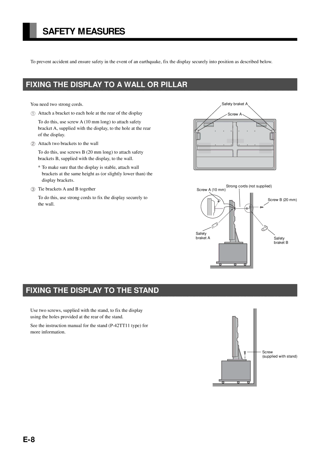 Fujitsu PDS4212W-H, PDS4211W-H Safety Measures, Fixing the Display to a Wall or Pillar, Fixing the Display to the Stand 