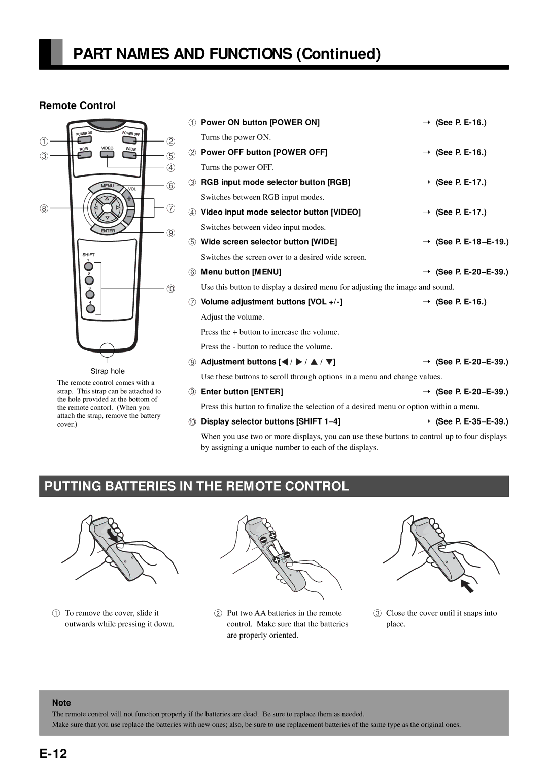 Fujitsu PDS4212W-H, PDS4211W-H user manual Putting Batteries in the Remote Control 