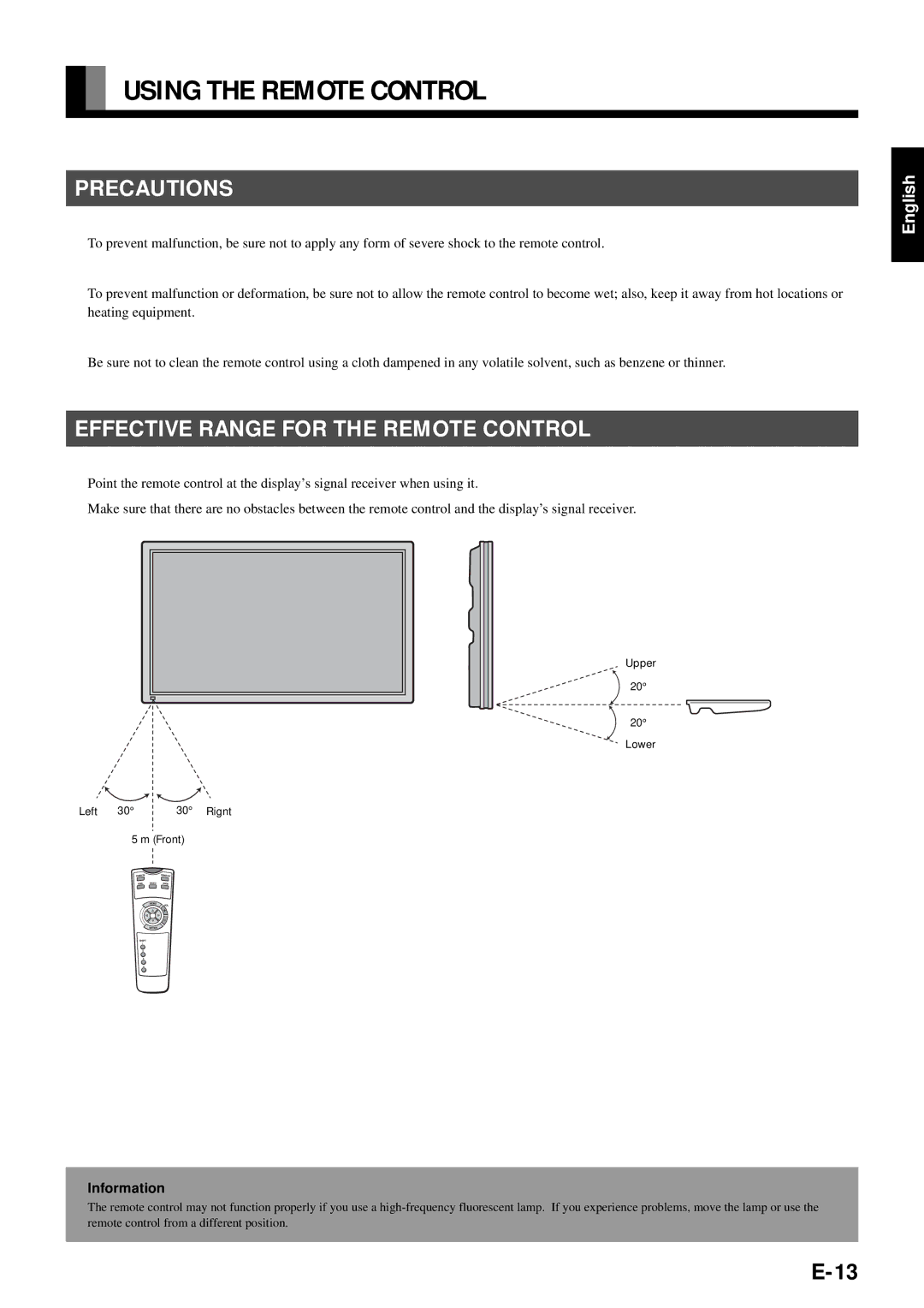 Fujitsu PDS4211W-H, PDS4212W-H user manual Using the Remote Control, Precautions, Effective Range for the Remote Control 