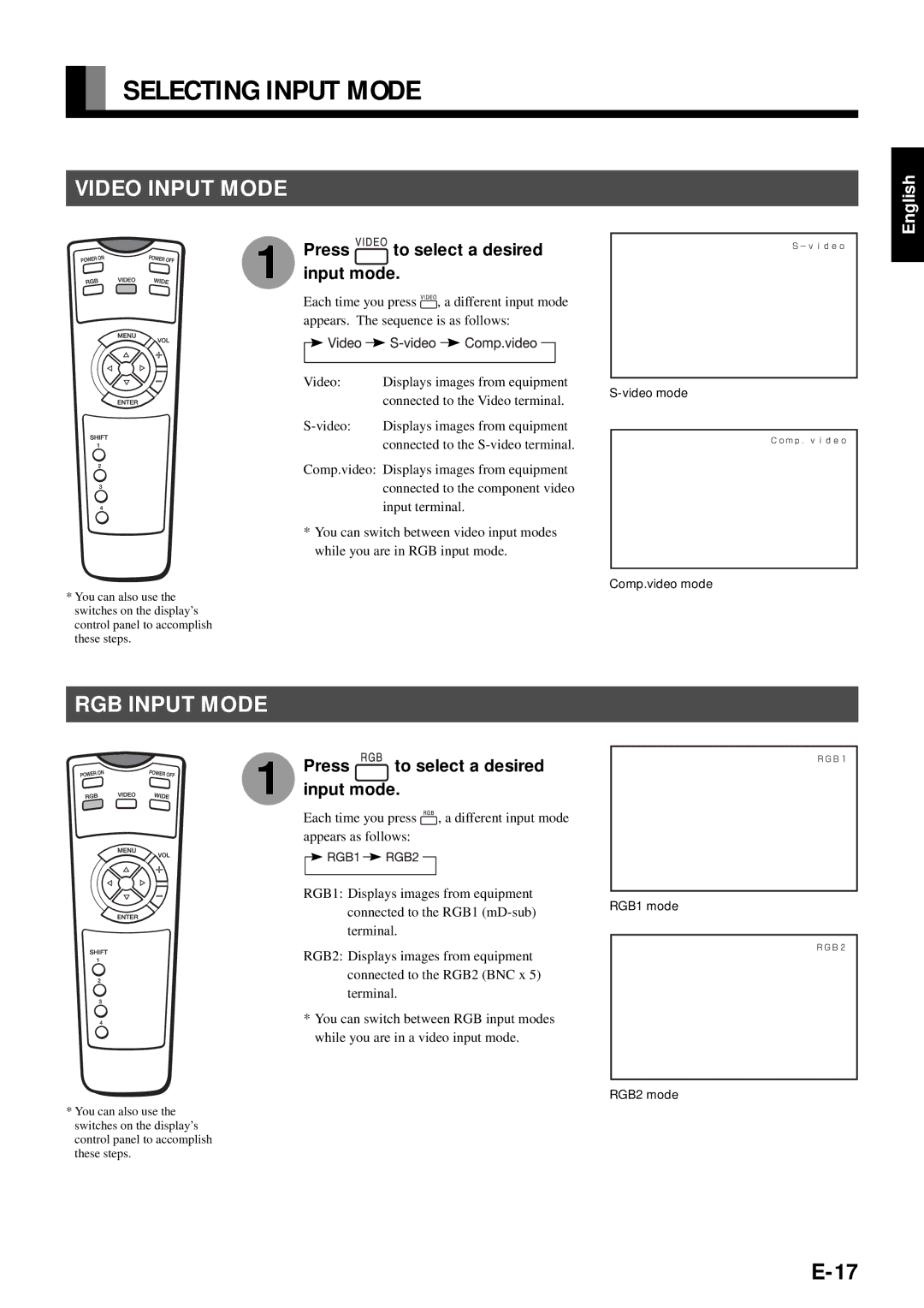 Fujitsu PDS4211W-H, PDS4212W-H user manual Selecting Input Mode, Video Input Mode, RGB Input Mode, Press, Input mode 