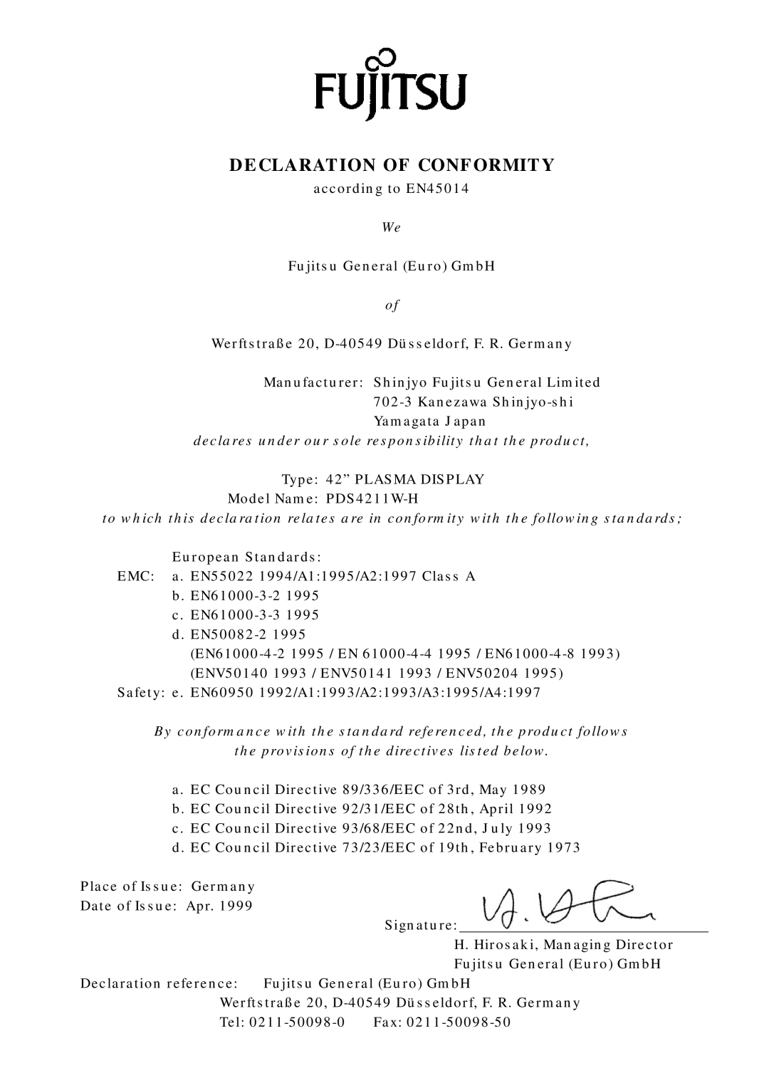 Fujitsu PDS4212W-H, PDS4211W-H user manual Declaration of Conformity 