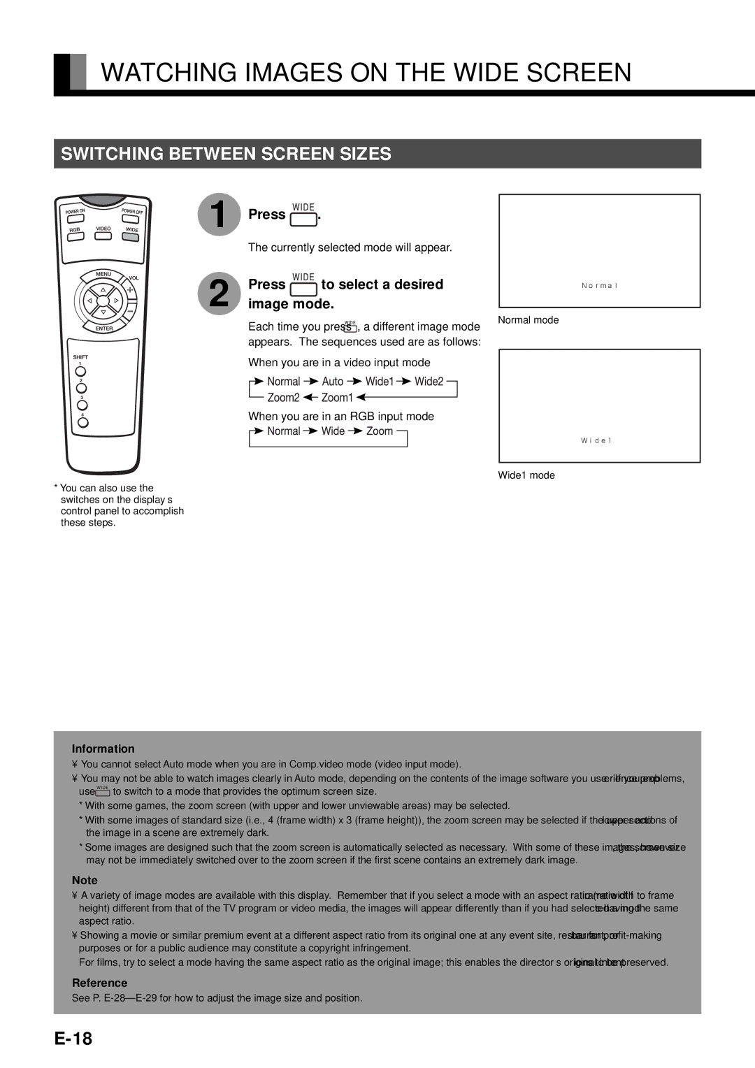 Fujitsu PDS4212W-H, PDS4211W-H user manual Switching Between Screen Sizes, Image mode, When you are in a video input mode 