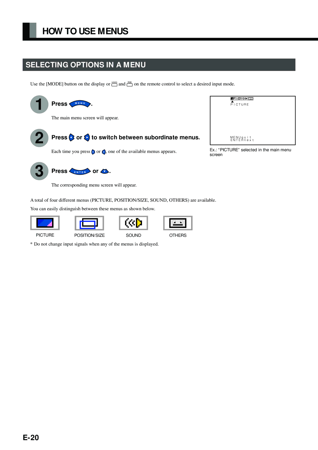 Fujitsu PDS4212W-H, PDS4211W-H HOW to USE Menus, Selecting Options in a Menu, Press or to switch between subordinate menus 