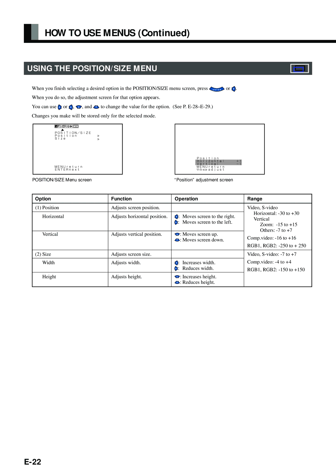 Fujitsu PDS4212W-H, PDS4211W-H user manual HOW to USE Menus, Using the POSITION/SIZE Menu 