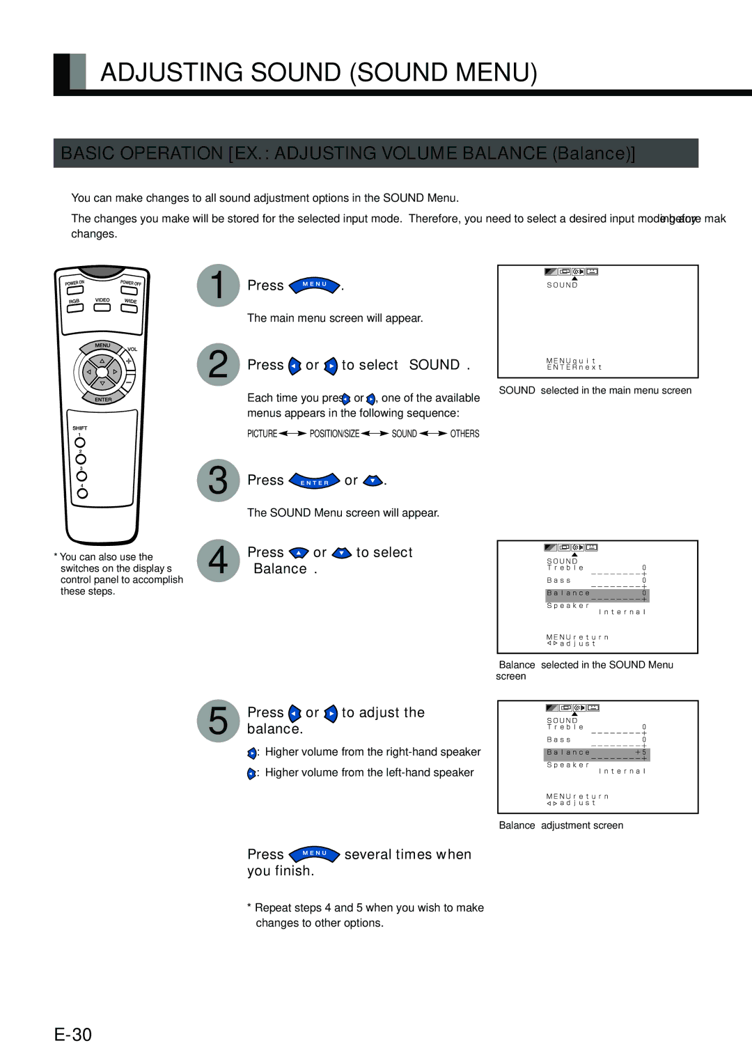 Fujitsu PDS4212W-H, PDS4211W-H user manual Adjusting Sound Sound Menu, Balance, Press or to adjust 