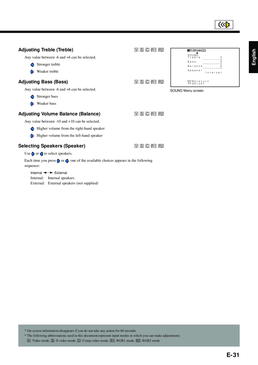 Fujitsu PDS4211W-H, PDS4212W-H user manual Adjusting Treble Treble, Adjusting Bass Bass, Adjusting Volume Balance Balance 