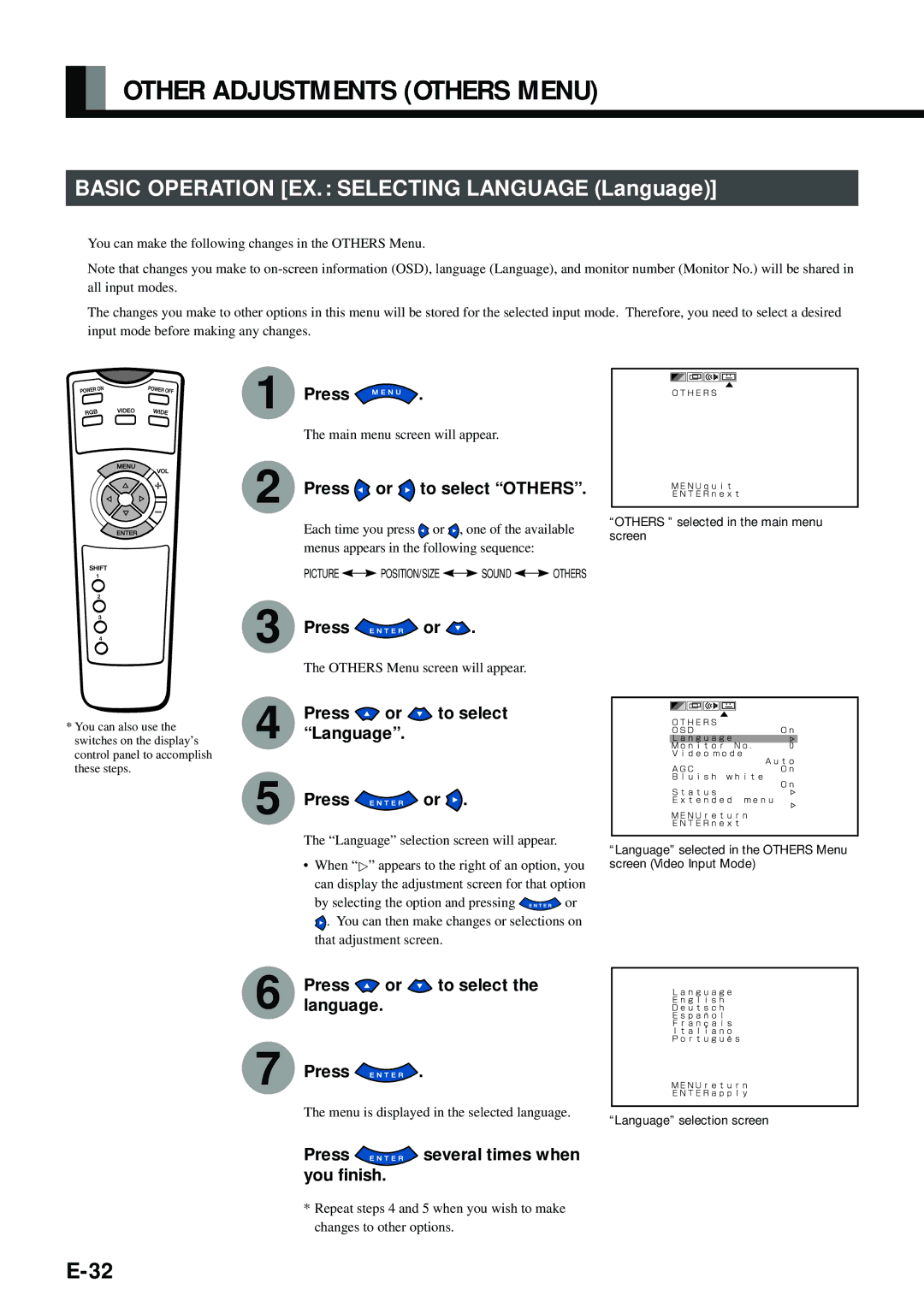 Fujitsu PDS4212W-H, PDS4211W-H Other Adjustments Others Menu, Press or to select Language, Press or to select the language 