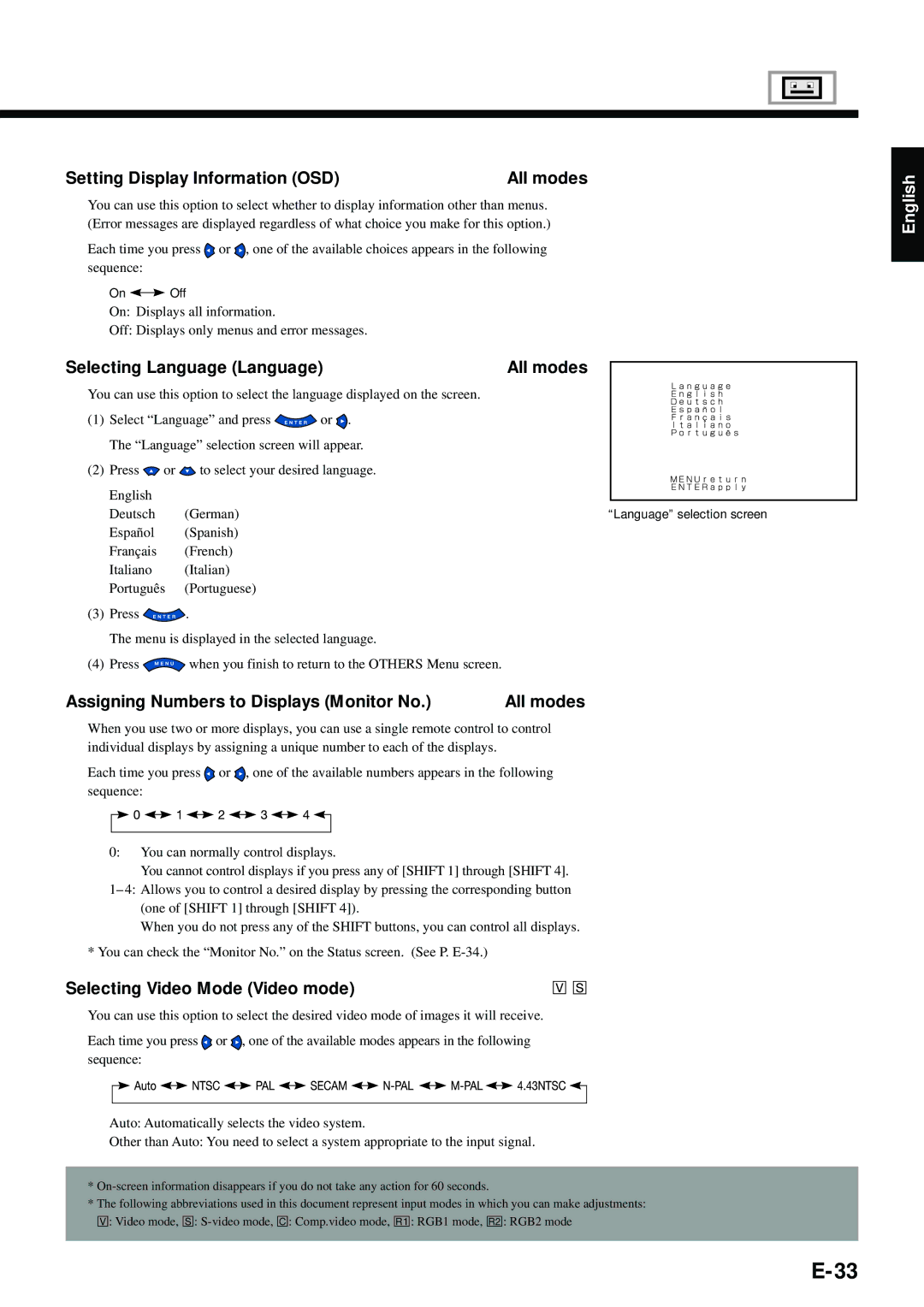 Fujitsu PDS4211W-H, PDS4212W-H user manual Setting Display Information OSD All modes, Selecting Language Language All modes 