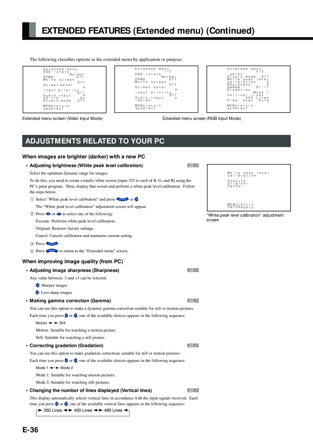 Fujitsu PDS4212W-H, PDS4211W-H user manual Extended Features Extended menu, Adjustments Related to Your PC 