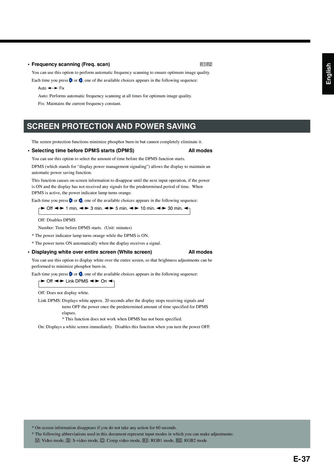 Fujitsu PDS4211W-H, PDS4212W-H user manual Screen Protection and Power Saving, Frequency scanning Freq. scan 