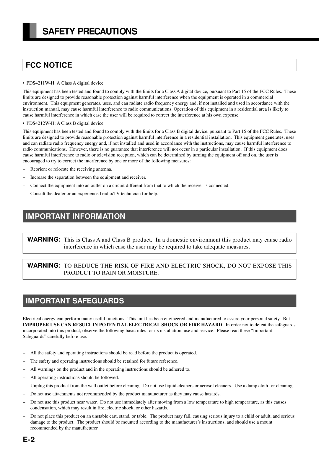 Fujitsu PDS4212W-H, PDS4211W-H user manual Safety Precautions, Important Information Important Safeguards 