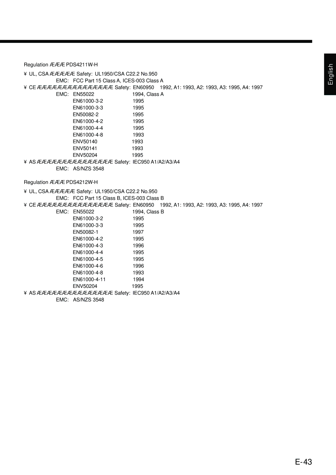 Fujitsu user manual Regulation ··· PDS4211W-H, Regulation ··· PDS4212W-H 