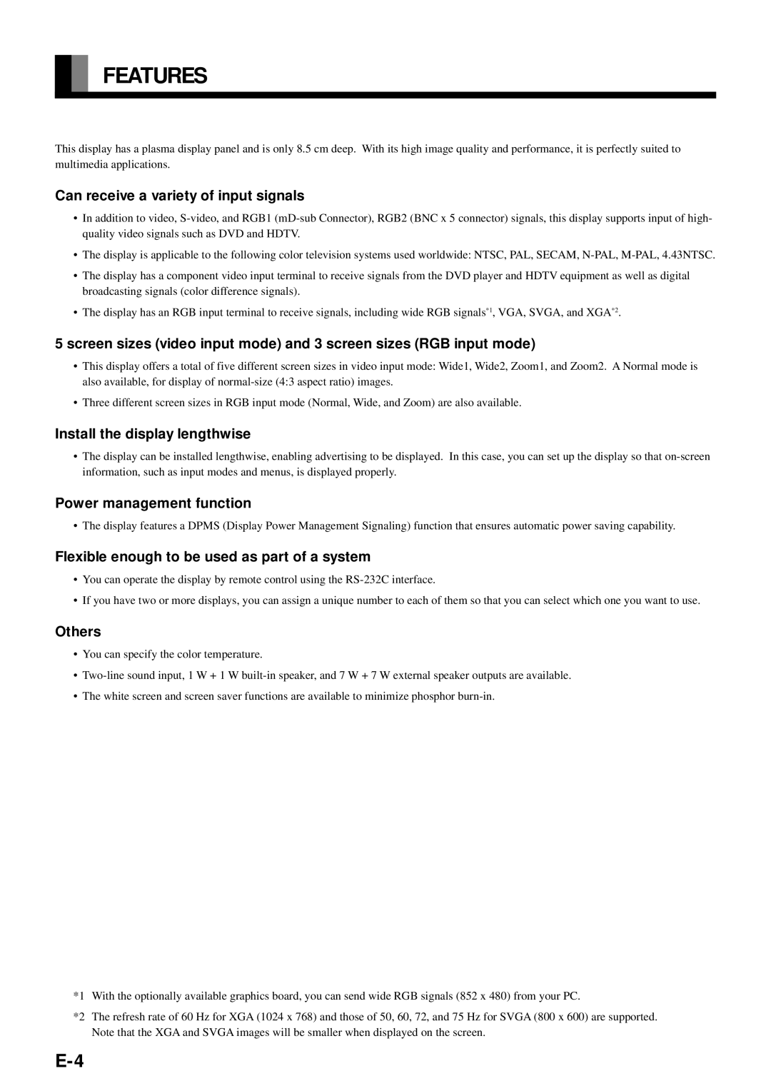 Fujitsu PDS4212W-H, PDS4211W-H user manual Features 