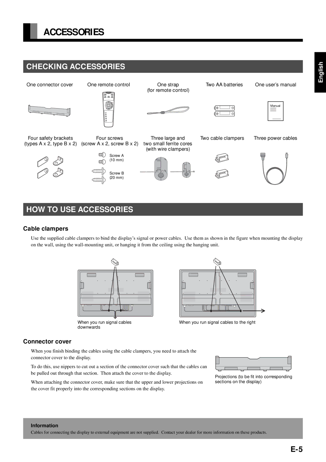 Fujitsu PDS4211W-H, PDS4212W-H user manual Checking Accessories, HOW to USE Accessories, Cable clampers, Connector cover 