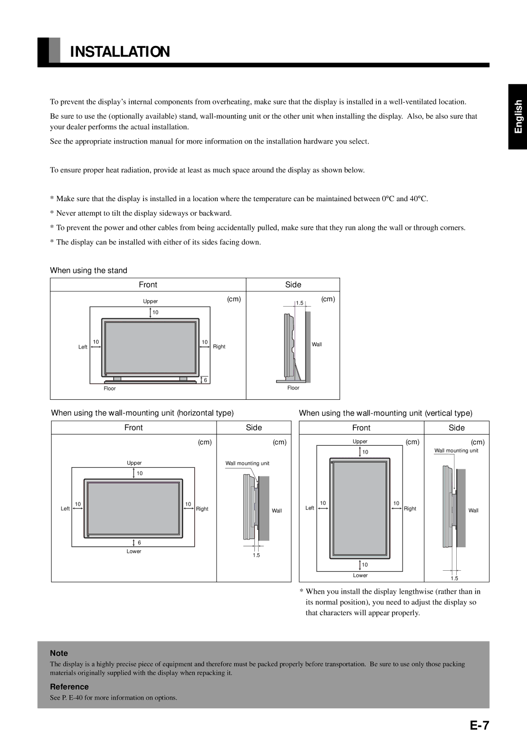 Fujitsu PDS4211W-H Installation, When using the stand Front, When using the wall-mounting unit horizontal type, Front Side 