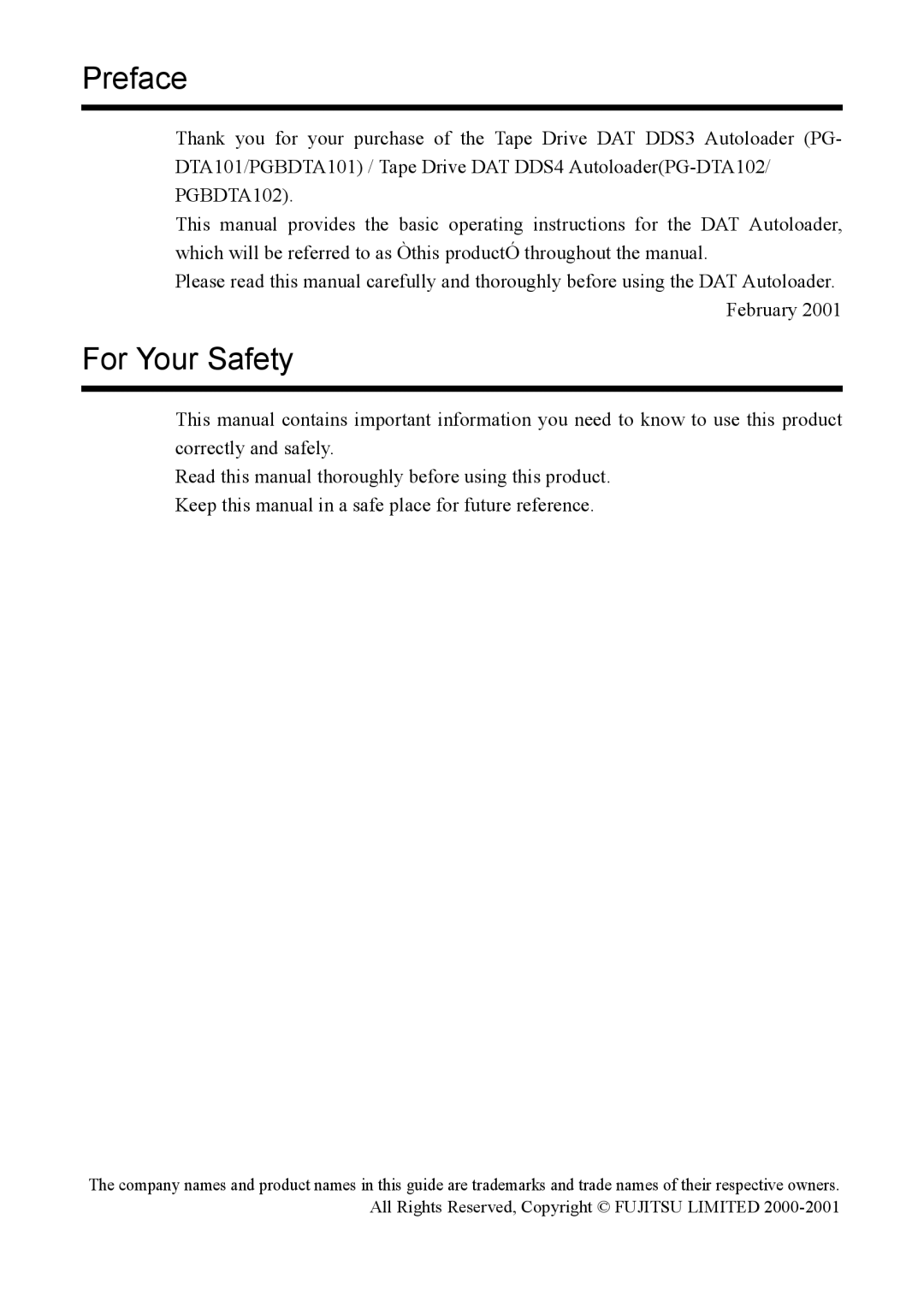 Fujitsu PG-DTA101 manual Preface, For Your Safety 