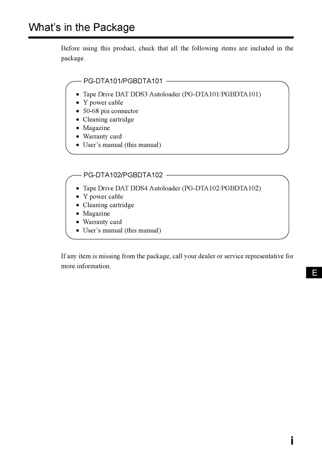 Fujitsu manual What’s in the Package, PG-DTA101/PGBDTA101 