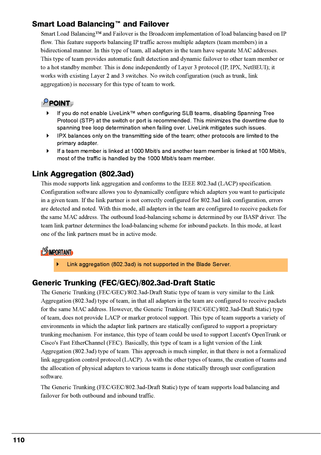 Fujitsu PG-FCS102, PG-FCS103, BX620 manual Smart Load Balancing and Failover, Link Aggregation 802.3ad, 110 