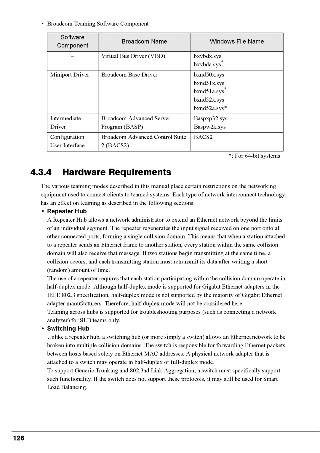 Fujitsu BX620, PG-FCS103, PG-FCS102 Hardware Requirements, 126, Broadcom Teaming Software Component, User Interface BACS2 