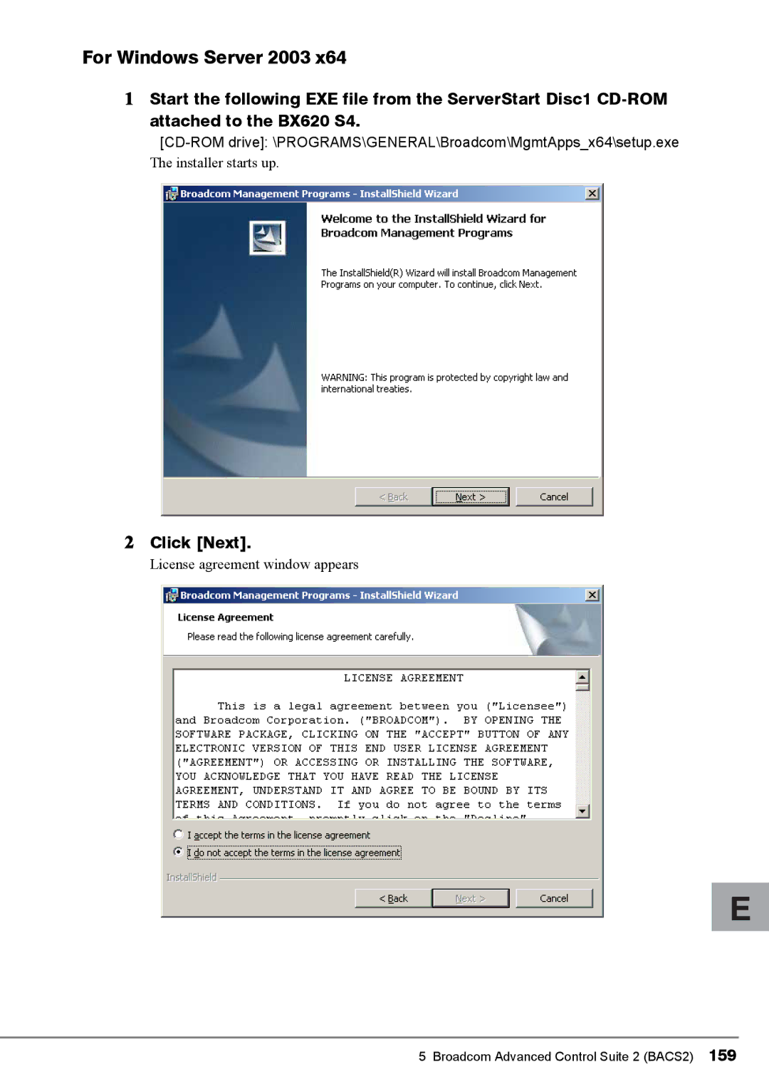 Fujitsu BX620, PG-FCS103, PG-FCS102 manual For Windows Server 2003, Installer starts up, License agreement window appears 