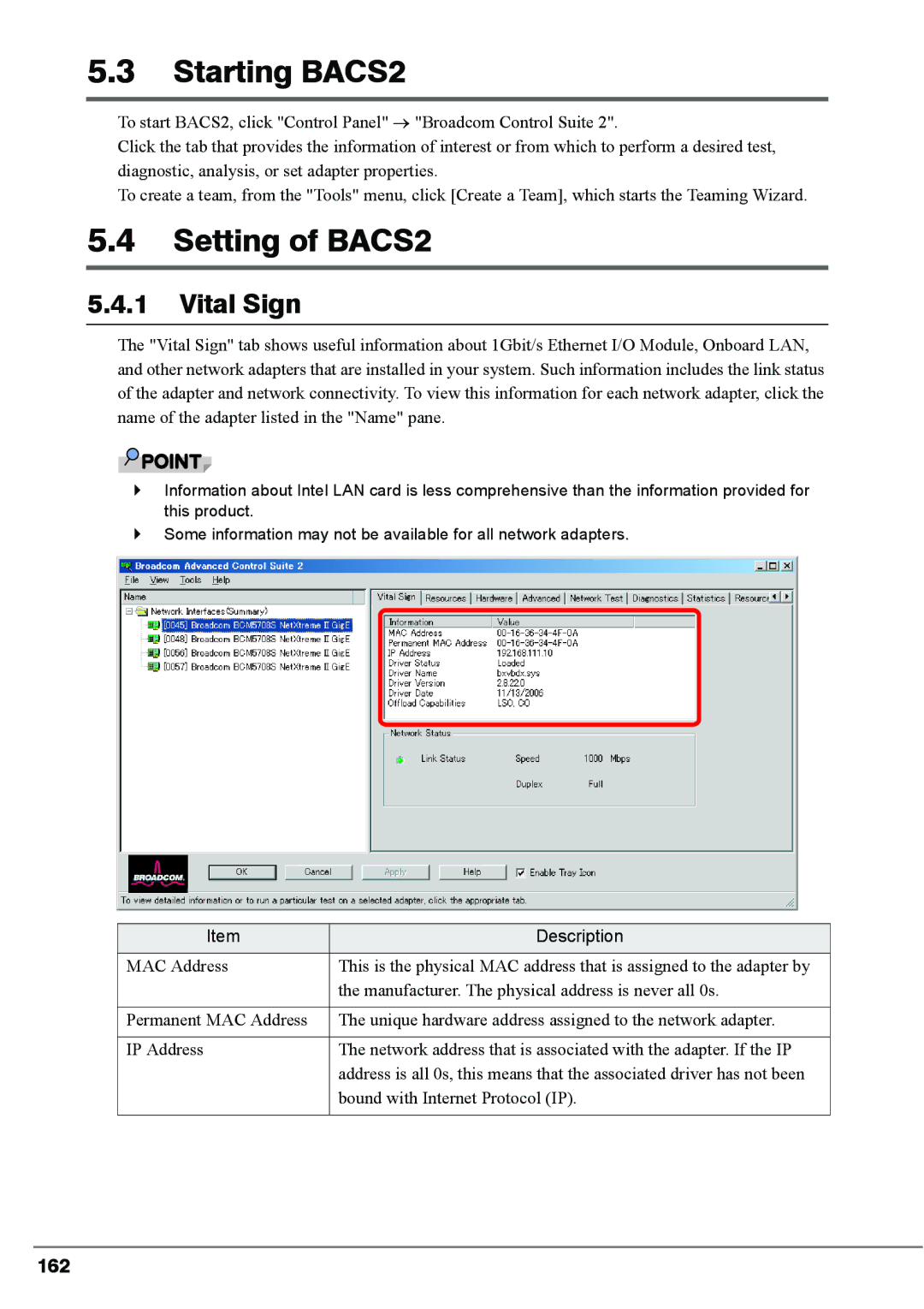 Fujitsu BX620, PG-FCS103, PG-FCS102 manual Starting BACS2, Setting of BACS2, Vital Sign, 162 