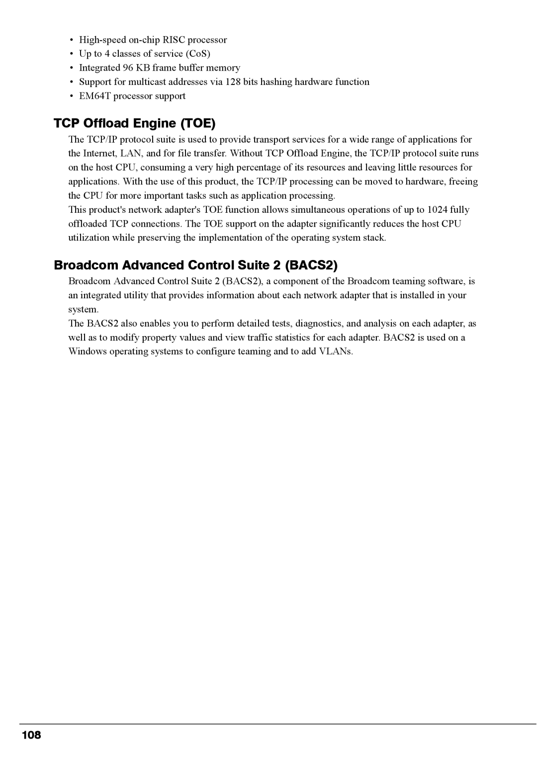 Fujitsu BX620, PG-FCS103, PG-FCS102 manual TCP Offload Engine TOE, Broadcom Advanced Control Suite 2 BACS2, 108 