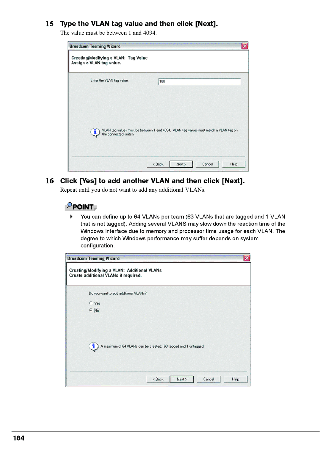 Fujitsu PG-FCS103 Type the Vlan tag value and then click Next, Click Yes to add another Vlan and then click Next, 184 