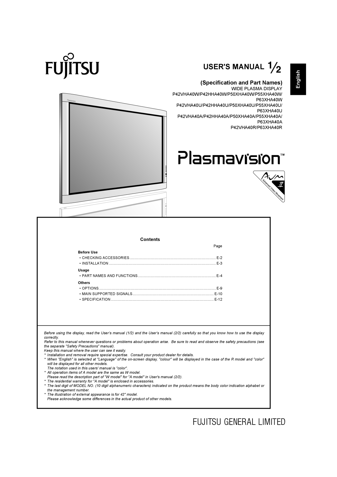 Fujitsu plasmavision user manual Póññêèé Português Italiano Français Español Deutsch English, Contents 