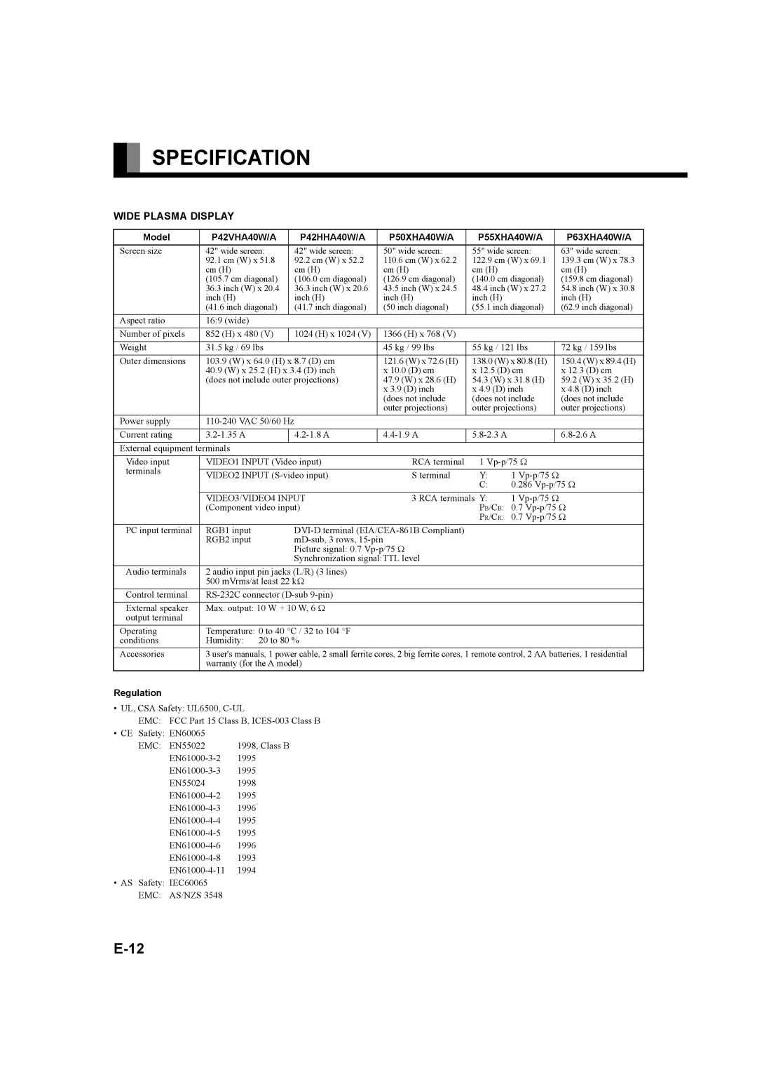 Fujitsu plasmavision user manual Specification, Model, Regulation 