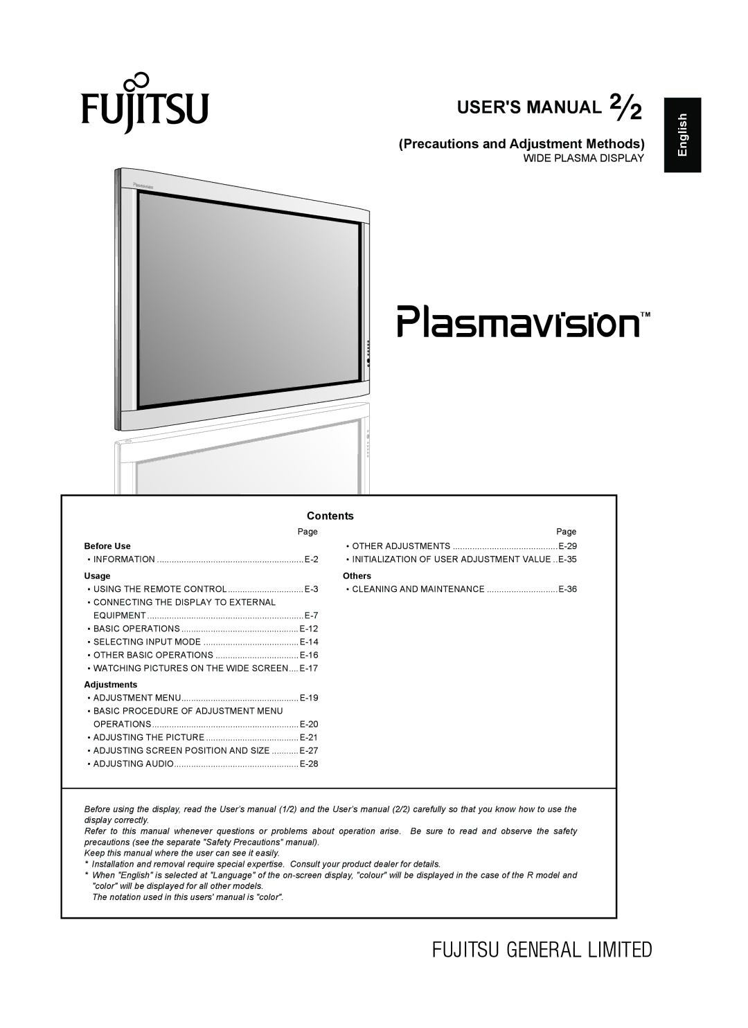 Fujitsu plasmavision user manual Precautions and Adjustment Methods 