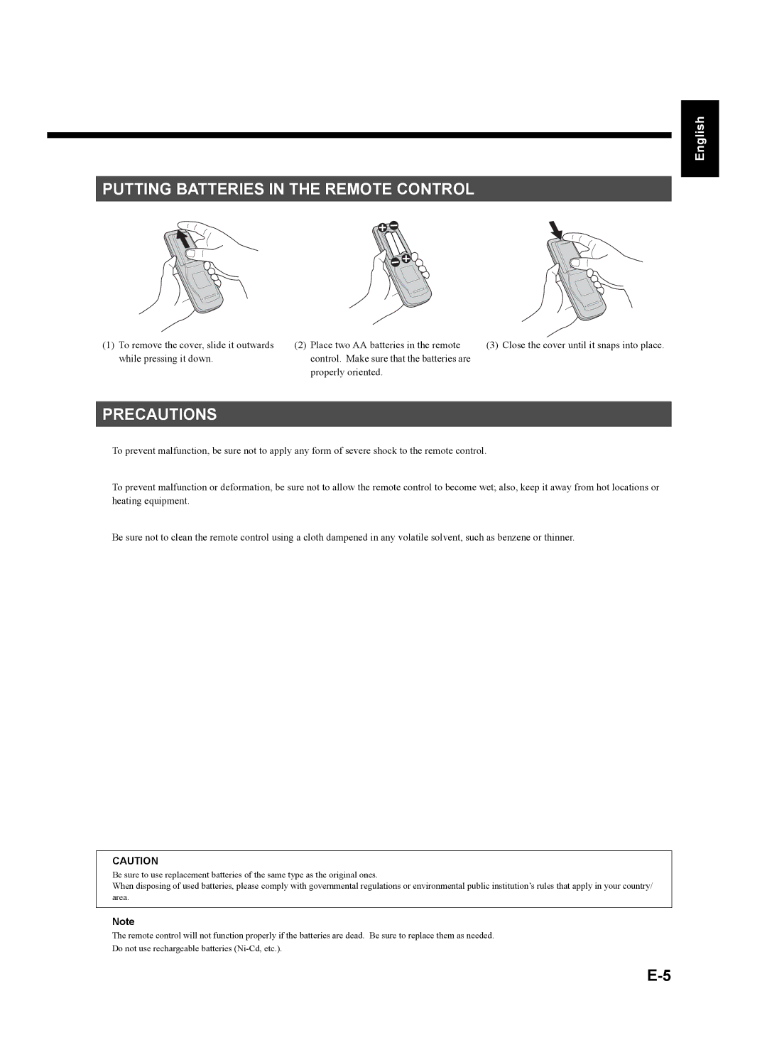 Fujitsu plasmavision user manual Putting Batteries in the Remote Control, Precautions 