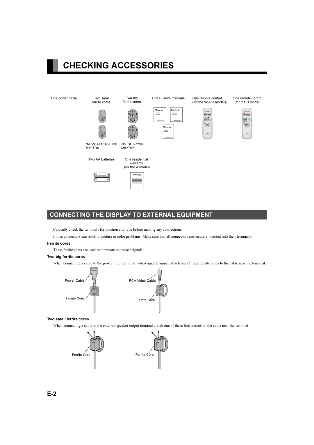 Fujitsu plasmavision user manual Checking Accessories, Connecting the Display to External Equipment, Ferrite cores 