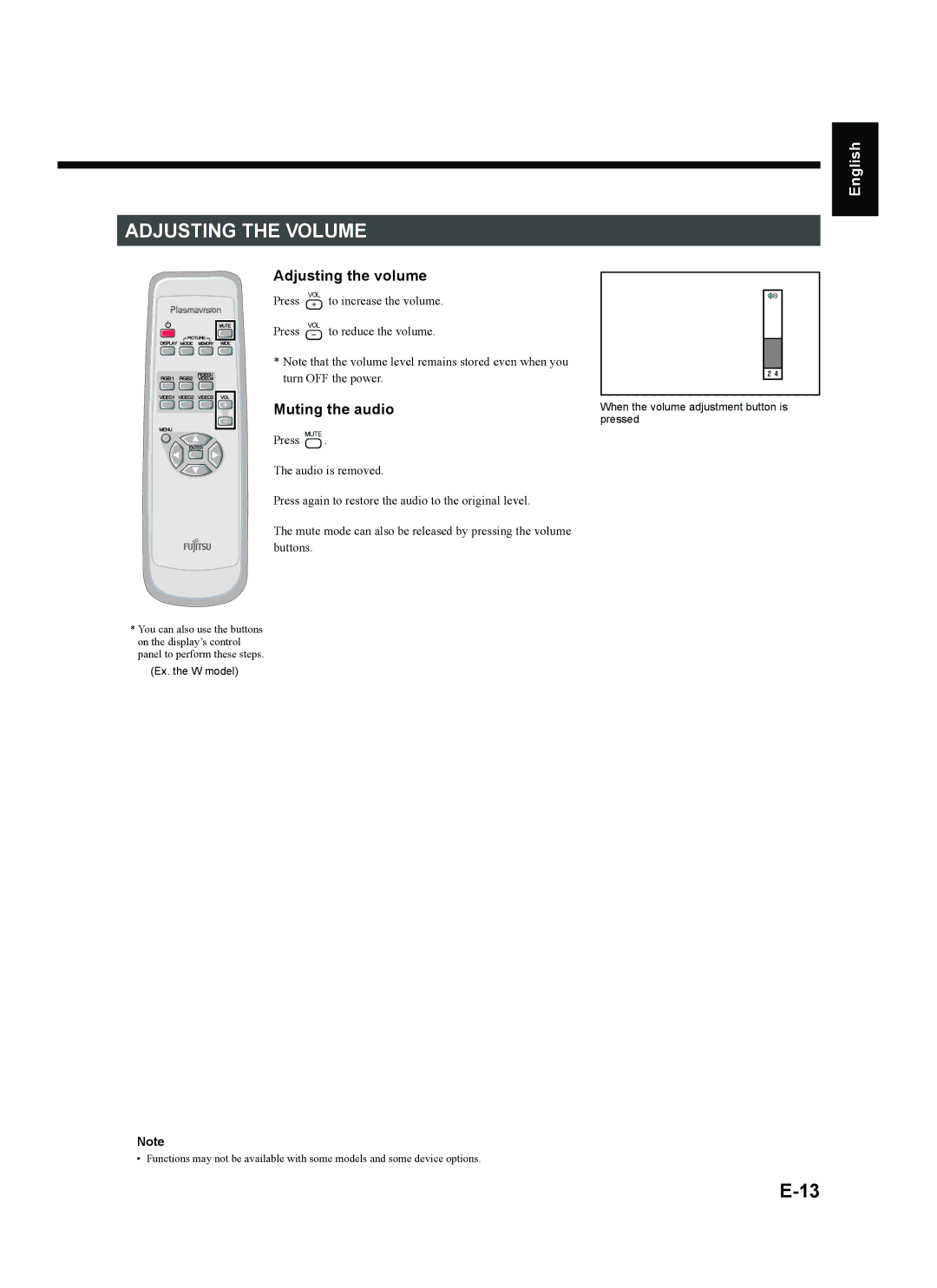 Fujitsu plasmavision user manual Adjusting the Volume, Adjusting the volume, Muting the audio 