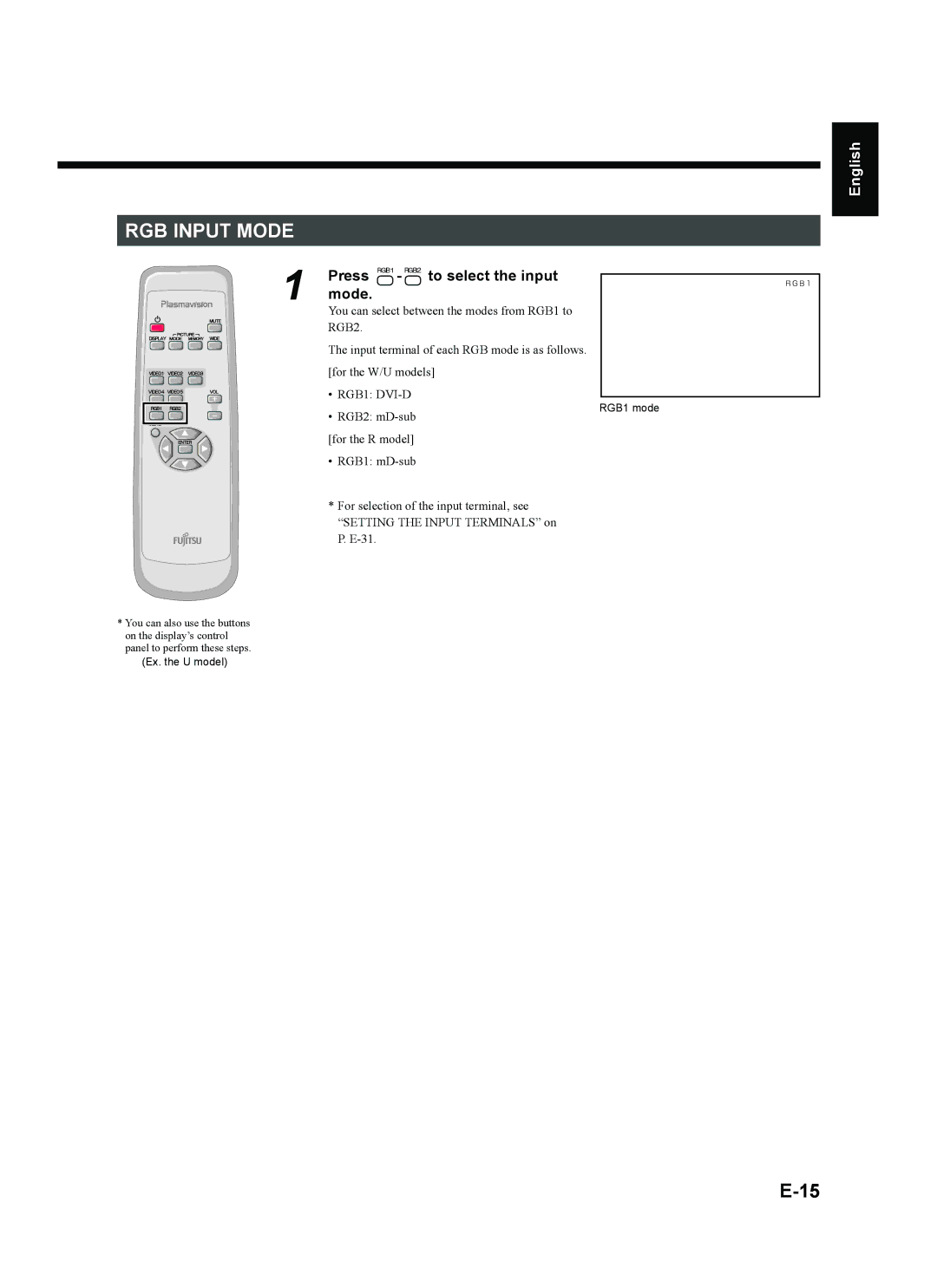 Fujitsu plasmavision user manual RGB Input Mode, Press -*to select the input mode, Ñol Deutsch English 