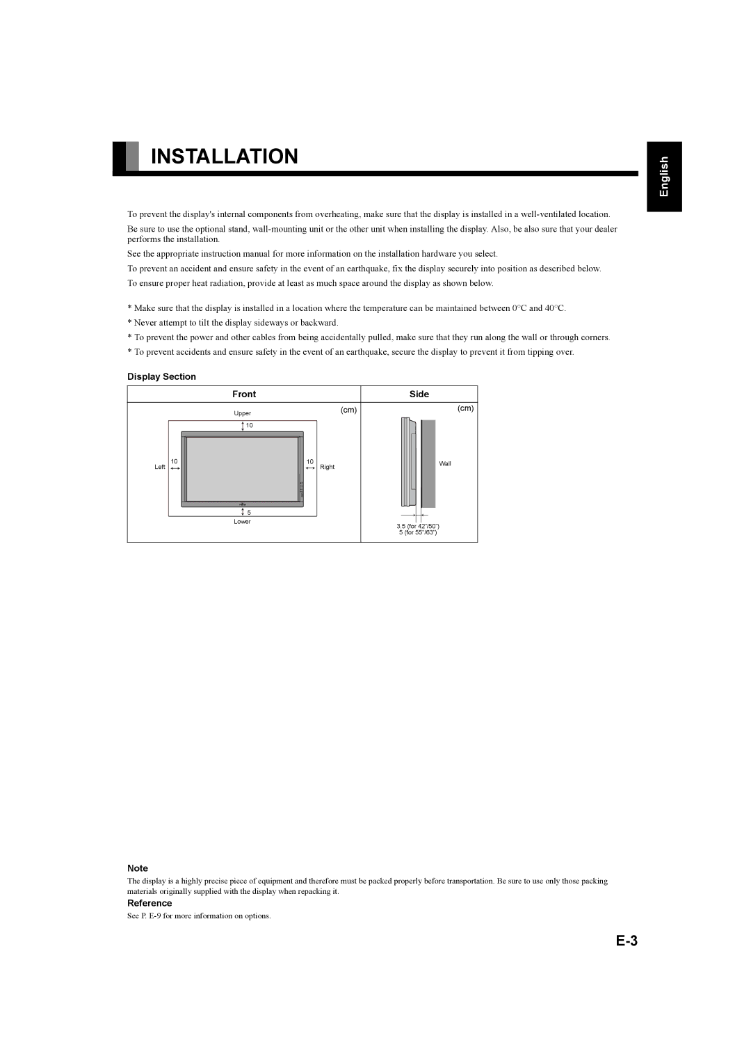 Fujitsu plasmavision user manual Installation, Display Section Front Side, Reference 