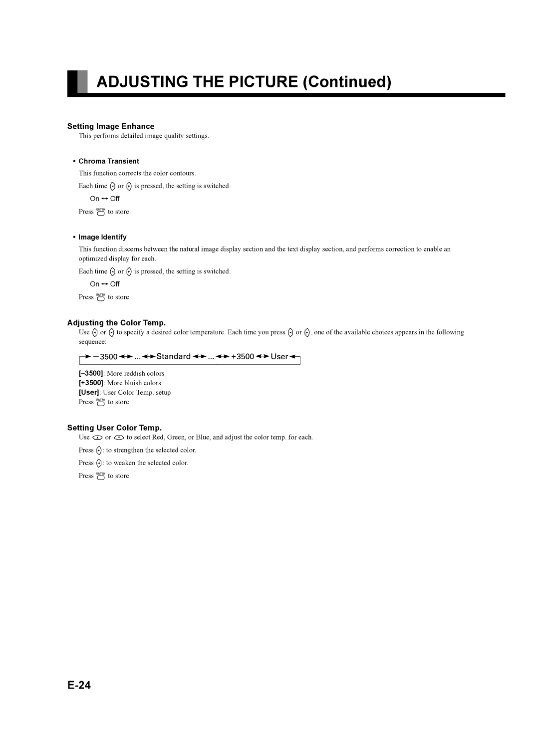 Fujitsu plasmavision user manual Setting Image Enhance, Adjusting the Color Temp, Setting User Color Temp, Chroma Transient 